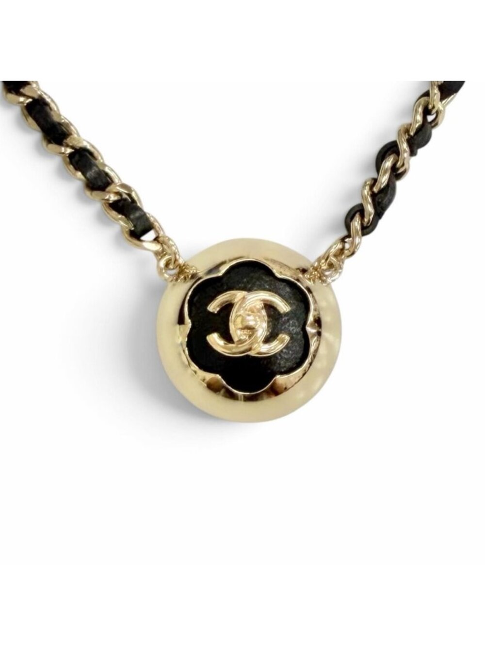 Chanel CC Logo Camellia Leather Chain Necklace Choker Gold Black